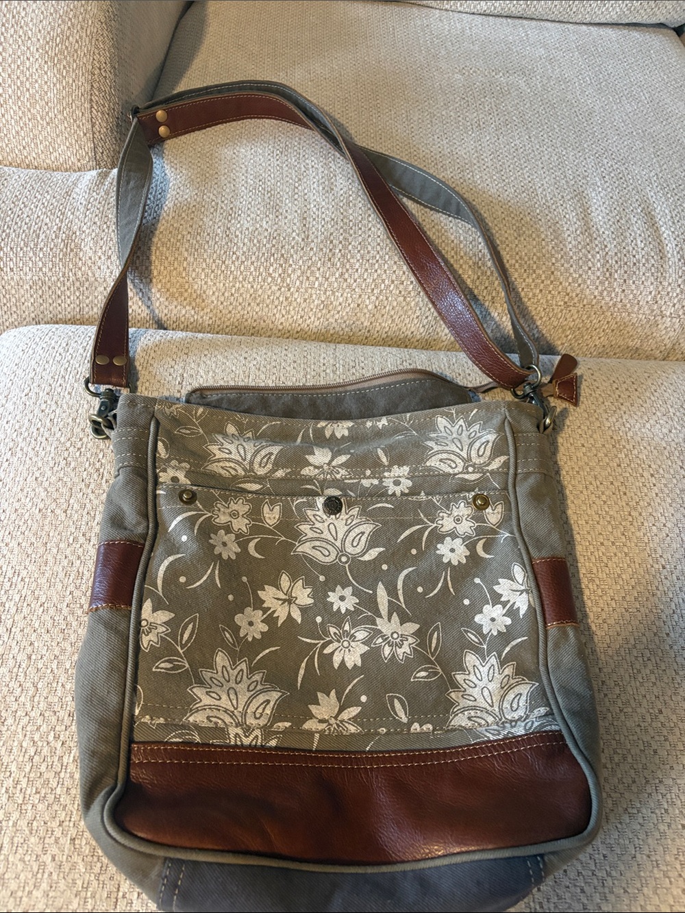 Myra Bag Green Floral Canvas Shoulder Bag with Brown Leather Accents